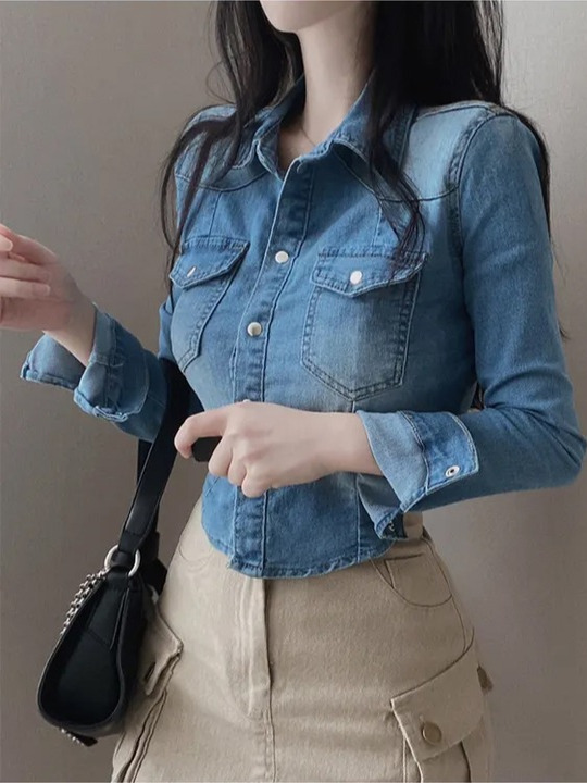 Women'S Fashion Denim Jacket - Veste en jean chic cintrée pour