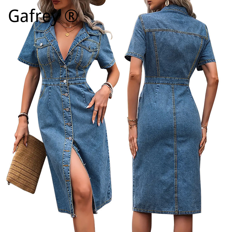 Women Fashion Jeans - Robe en jean à revers pour