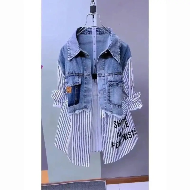 Women'S Fashion Denim Jacket - Veste en jean rayée pour femme,