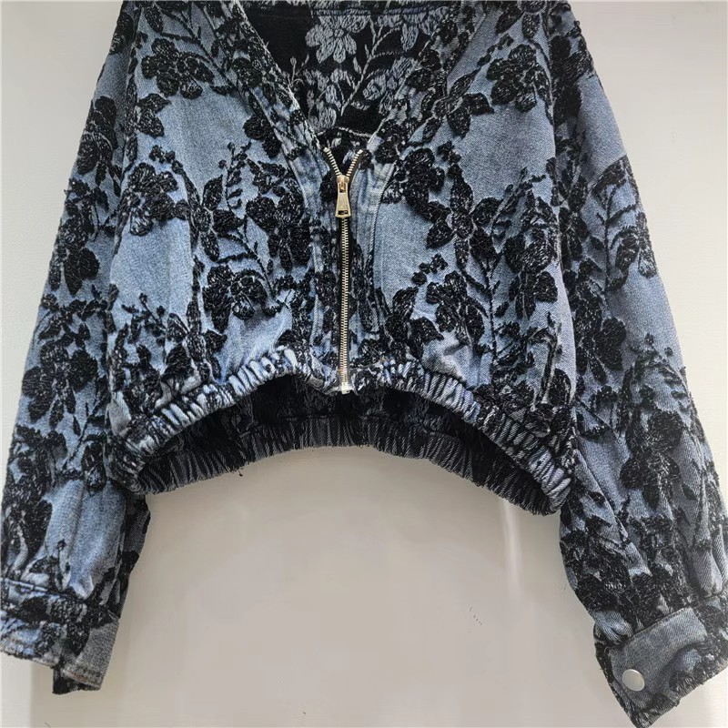 Women'S Fashion Denim Jacket - Veste Courte en Jean Jacquard Tendance