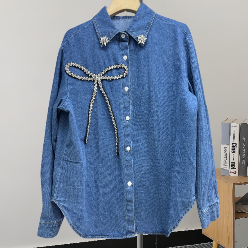 Women'S Fashion Denim Jacket - Chemise en jean avec nœud en